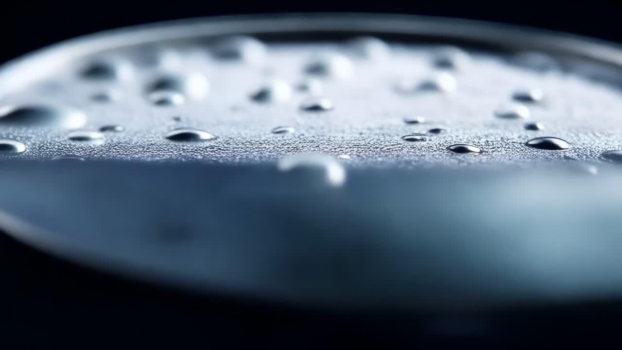 Shifting focus camera revealing textured metal disk with water droplets on studio, showing texture