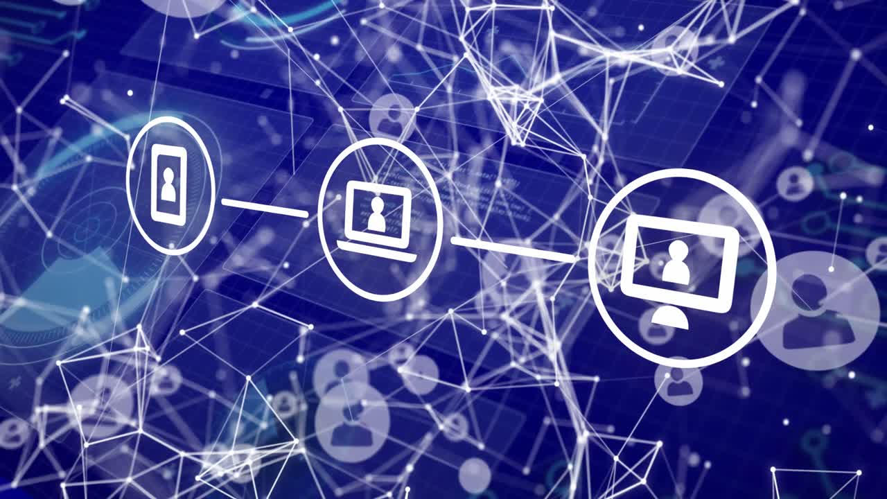 animación de iconos de medios sobre el procesamiento de datos en fondo azul
