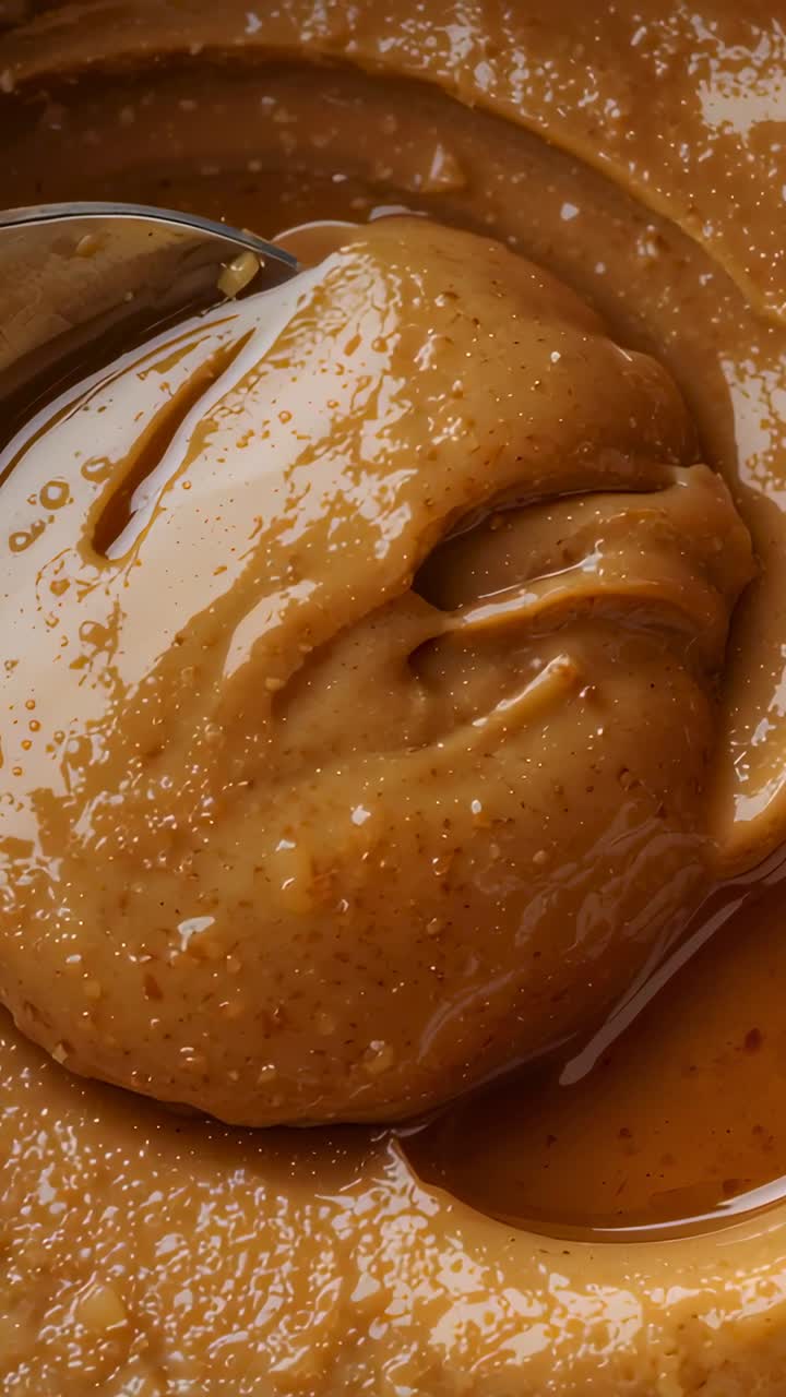 Vídeo vertical: colher de metal levantando uma pasta de nozes sobre uma tigela de cozinha, derramando mel para glacear