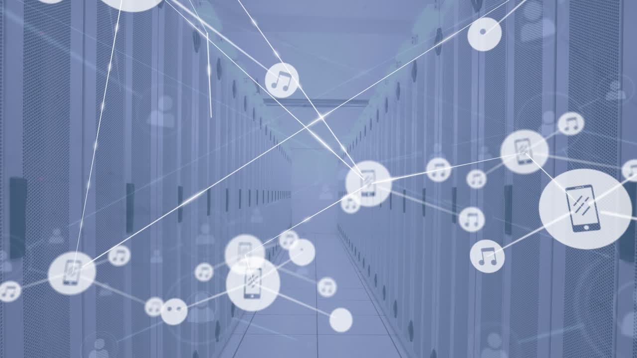 animación de la red de conexiones con iconos sobre la sala del servidor