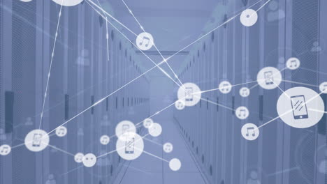Animation of network of connections with icons over server room