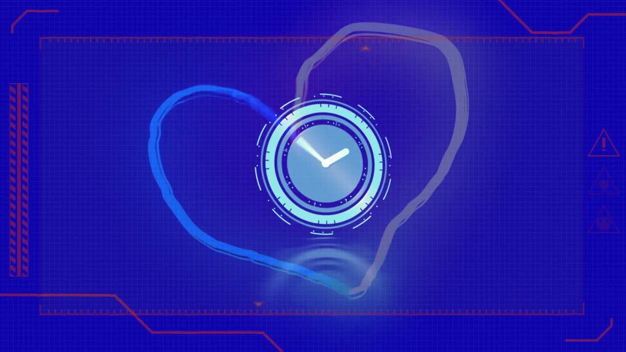 animación de la interfaz digital y reloj en movimiento sobre la forma de corazón sobre fondo azul