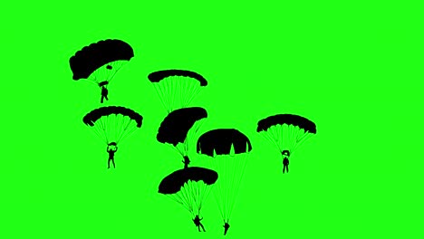 el escenario es paracaidista, las siluetas son paracaidistas, el fondo es pantalla verde, la animación es 4k.