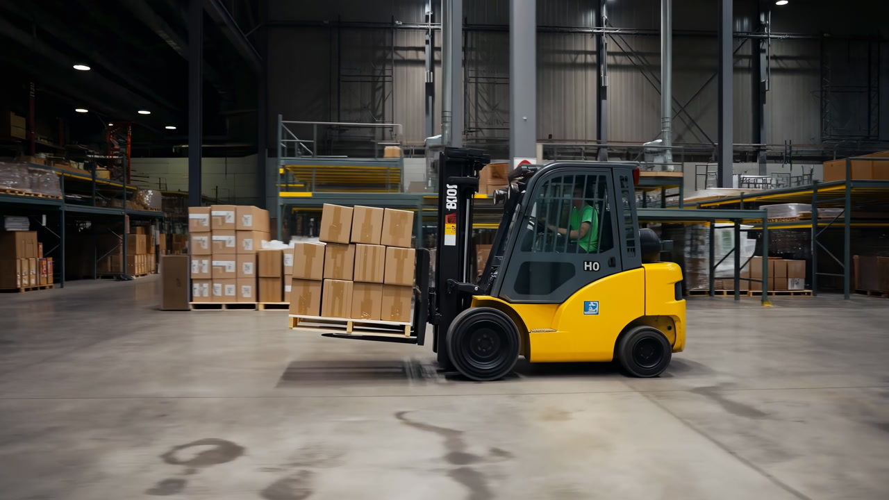 Yellow Forklift Moving Pallet Boxes On Concrete Floor, Operator Navigates Aisle, Stacked Cartons On Forks,