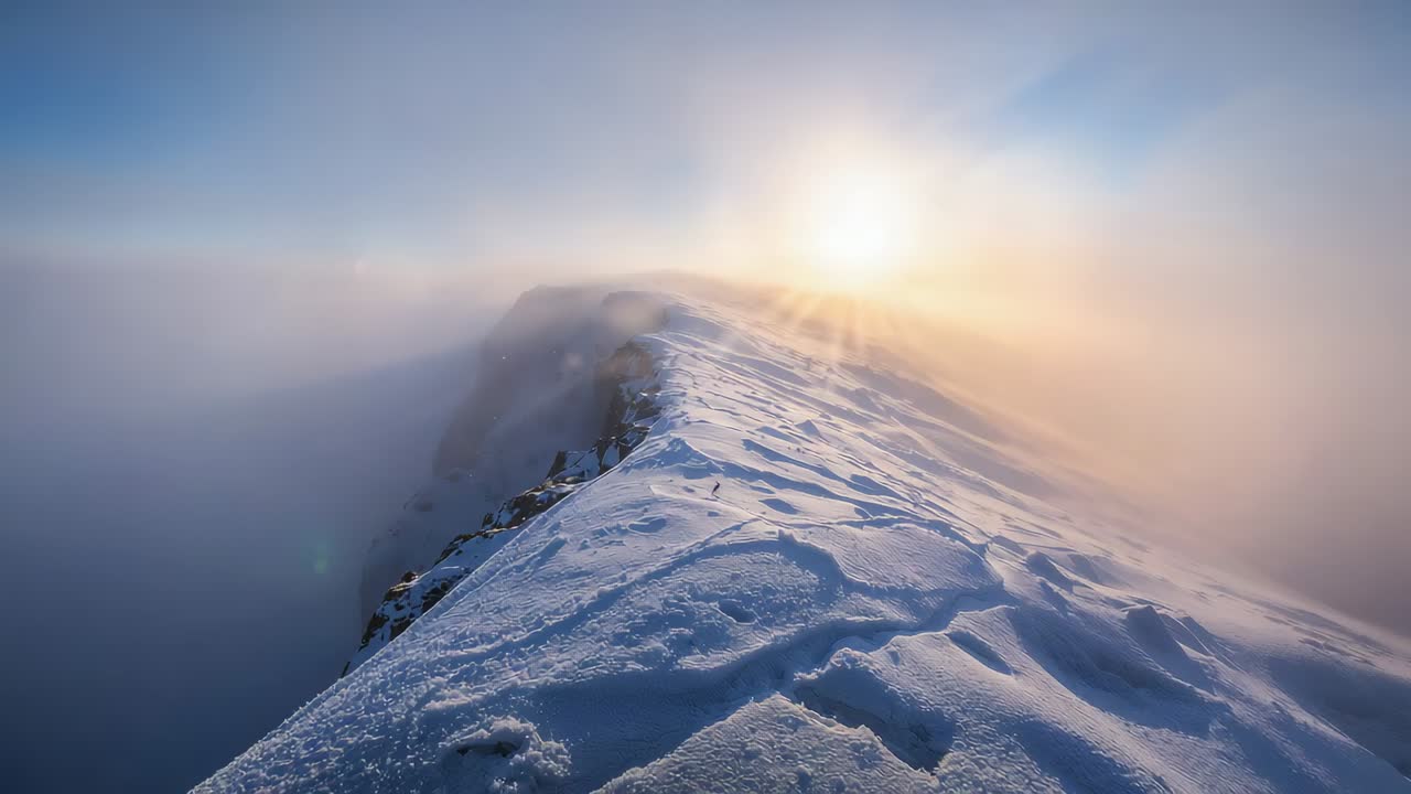 Camera pulling back, narrow snowy ridge emerging at summit to reveal rocky outcrop, fog thinning