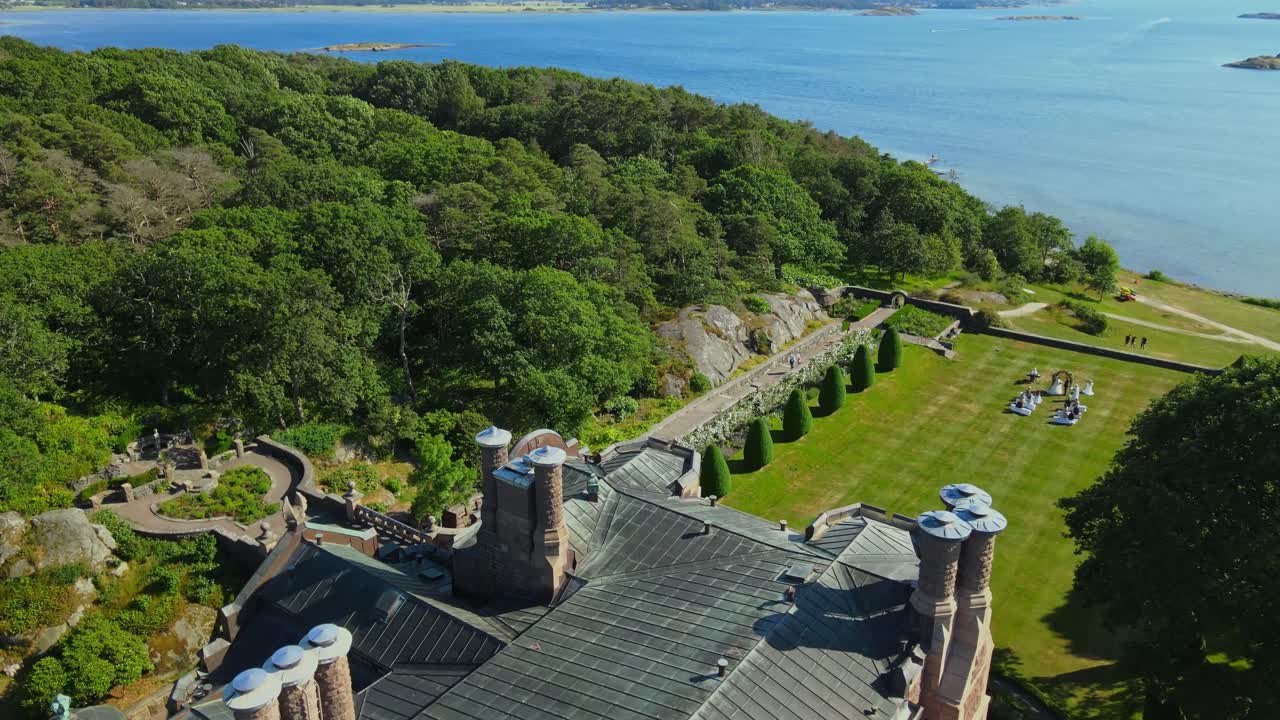 View From Above Of Exterior Of Tudor Style Tjoloholm Castle (Tjoloholms Slott) In Halland County, Sweden. aerial