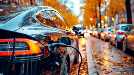 un coche eléctrico conectado a una estación de carga en una calle de la ciudad