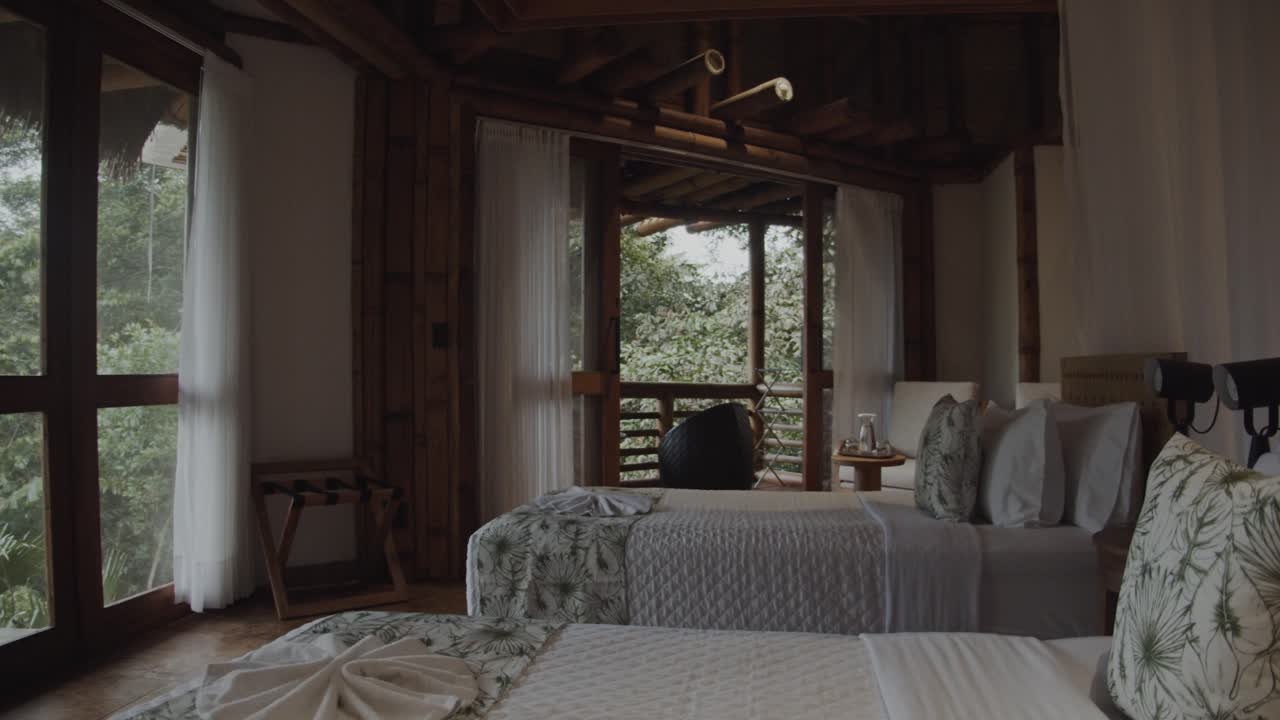 Stunning bedroom of luxury eco hotel in rainforest