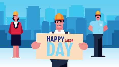 happy labor day celebration with workers lifting lettering