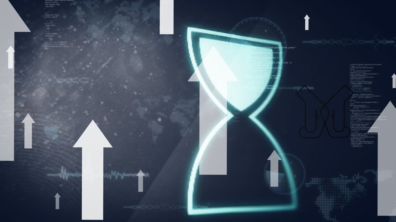 회전하는 모래시계 아이콘과 데이터 처리에 대항하여 위로 움직이는 화살표의 애니메이션