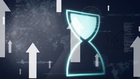 animación del icono de reloj de arena giratorio y las flechas que se mueven hacia arriba contra el procesamiento de datos