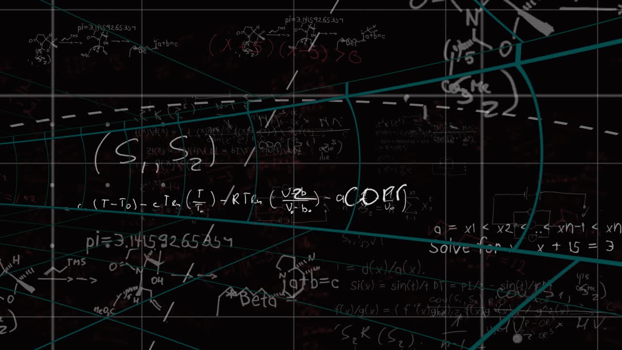 Animation of mathematical equations and geometric shapes on school grid background