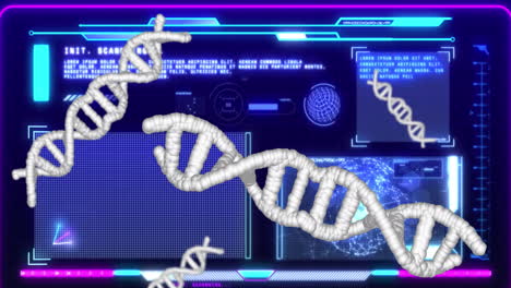 Animation of dna strands over data processing on black background