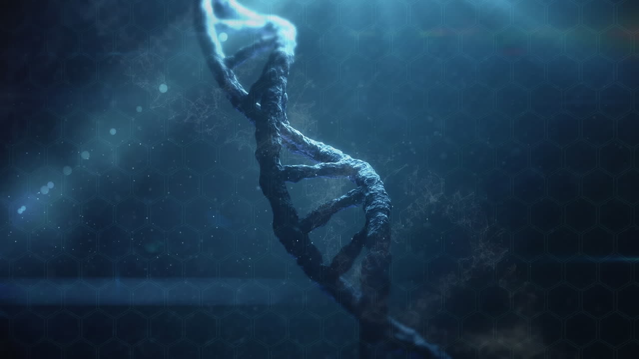 animación de la estructura del adn girando sobre las estructuras moleculares contra un fondo azul