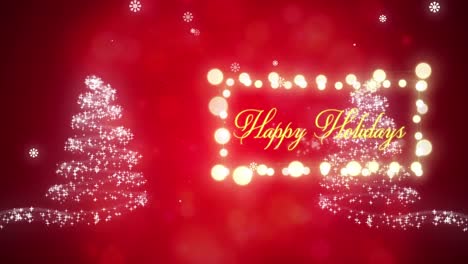 animation of happy holidays text over snow falling and christmas trees