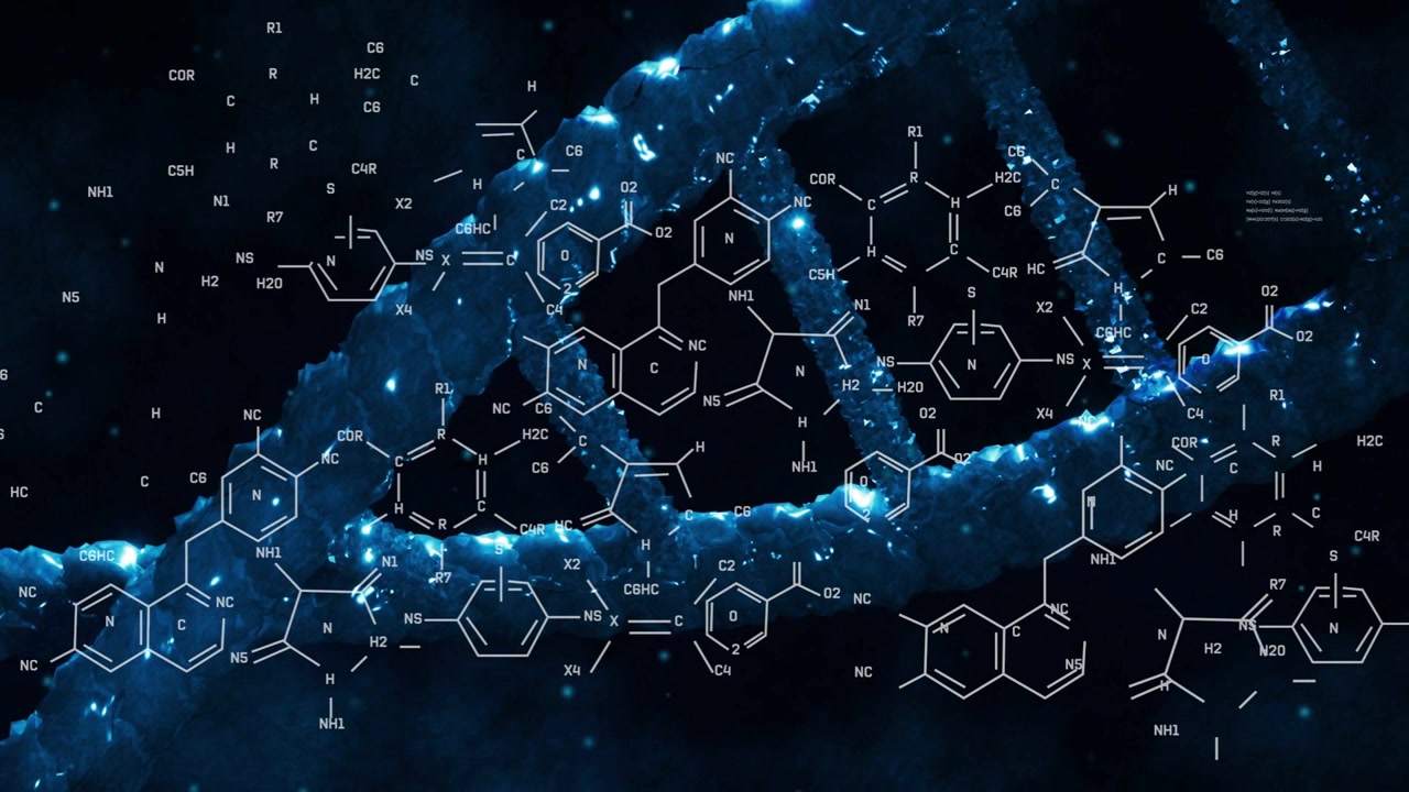 Elica di DNA luminosa che pulsa, generando glifi da destra che si spostano a sinistra, formando una griglia per lo studio.