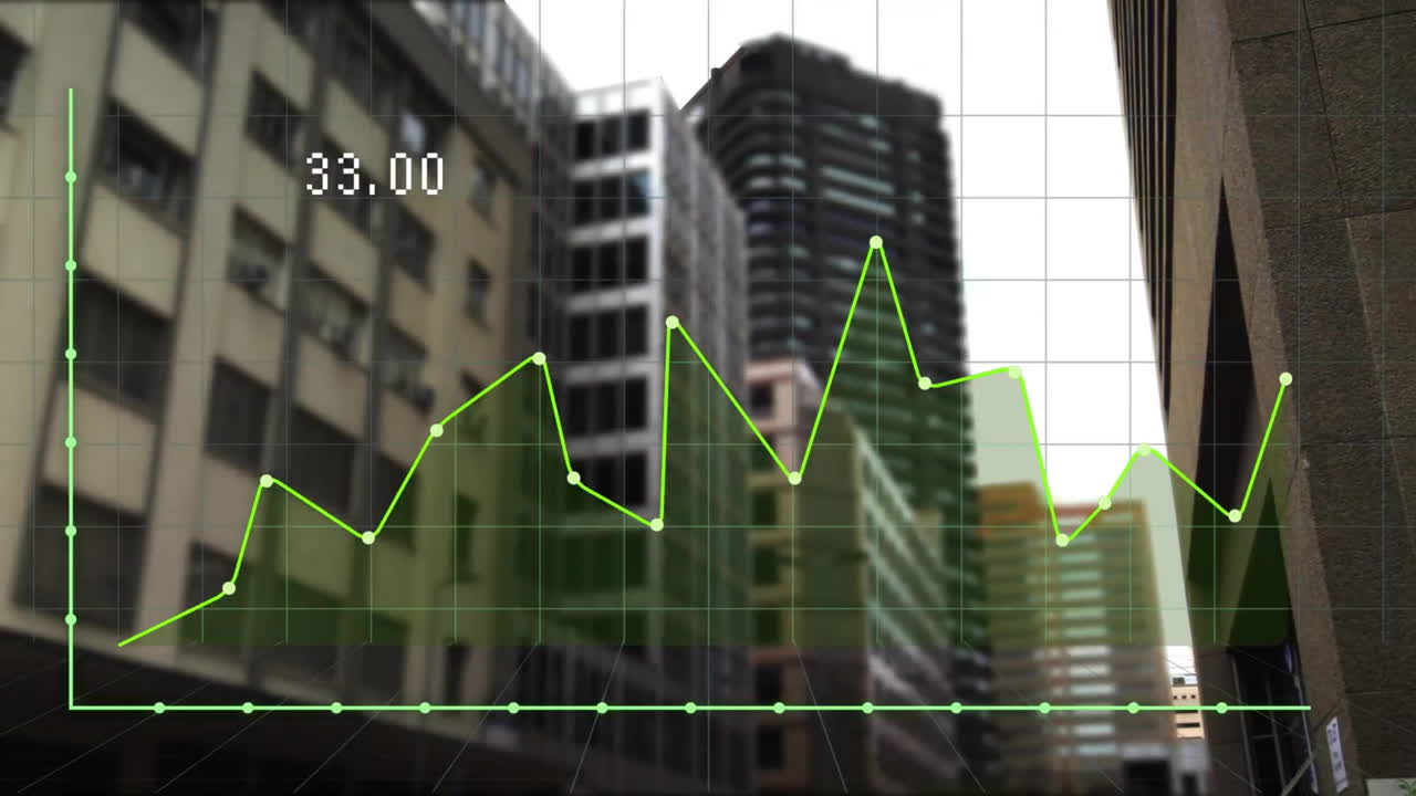 animación del procesamiento de datos financieros sobre el paisaje urbano