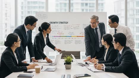 a group of professionals collaborating in a dynamic business meeting focused on developing a growth strategy, engaging in strategic discussions and presentations