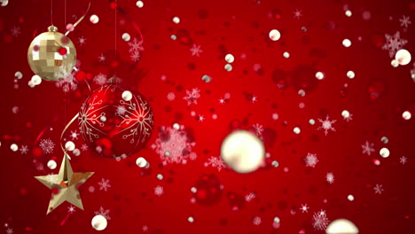 animación de bolas rojas de navidad, nieve cayendo sobre un fondo rojo