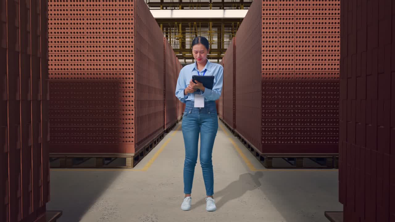 Full Body Of Asian Female With Her Tablet With Red Brick Packed in Stacks Are Stored, Typing And Dissapionted With Nodding Her Shead