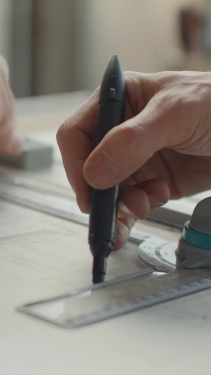 Architect Drawing Technical Blueprints with Ruler and Marker
