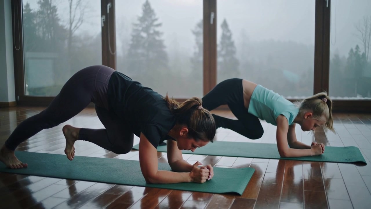 Starting forearm-plank, two women doing knee drives on green mats by windows for core, wearing gear
