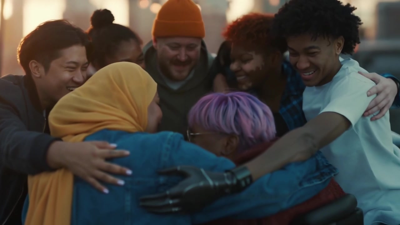Diverse Group of Friends Hugging on a Rooftop at Sunset