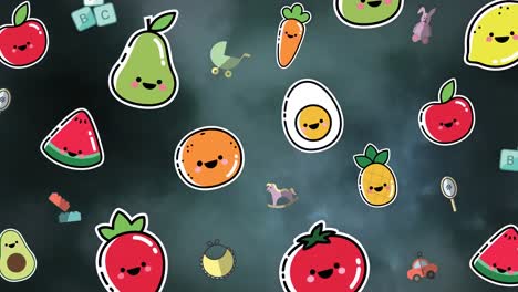 animación de frutas de dibujos animados y artículos para bebés que aparecen sobre un cielo tormentoso