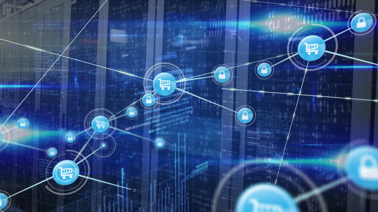 Animation of network of connections with icons over servers