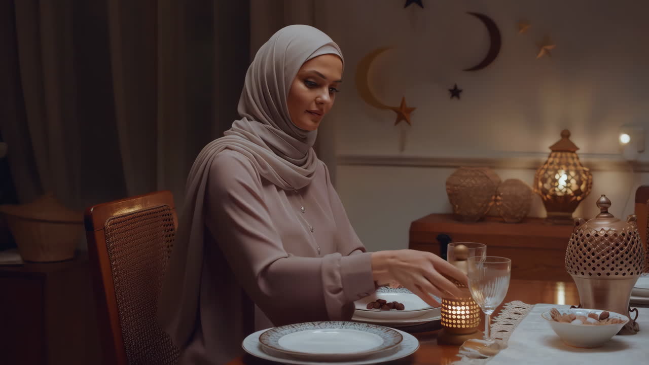 Muslim Woman at Iftar Table with Dates during Ramadan
