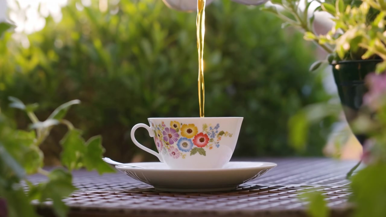 Tazza da tè in porcellana con decalcomania floreale poggia su un piattino abbinato mentre un flusso costante di bevanda color ambra si versa nella tazza, creando delicate increspature, caldi riflessi e un'atmosfera invitante da patio con giardino.