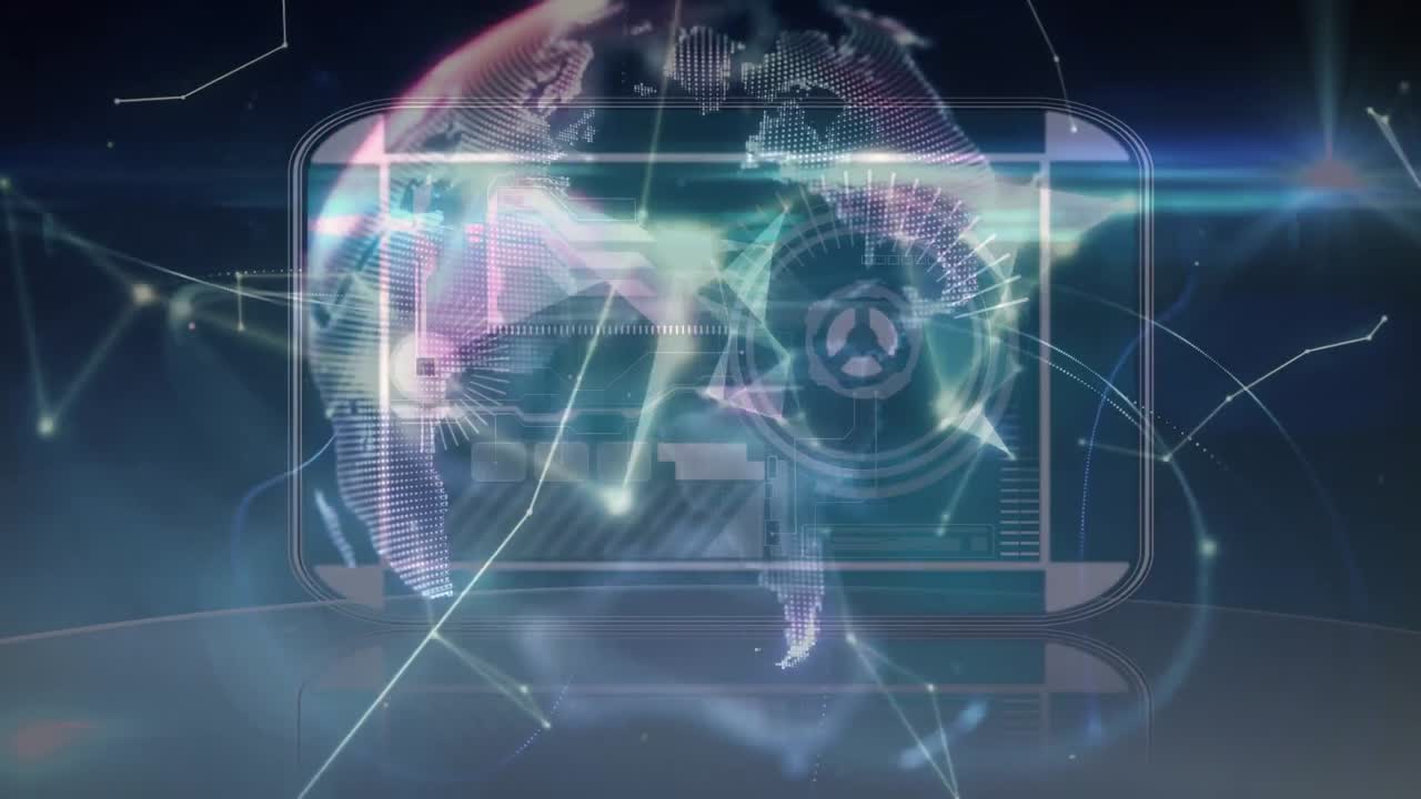 검은 바탕에 지구를 가진 연결 네트워크와 데이터 처리의 애니메이션