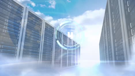 animation of processing circle and server room over clouds