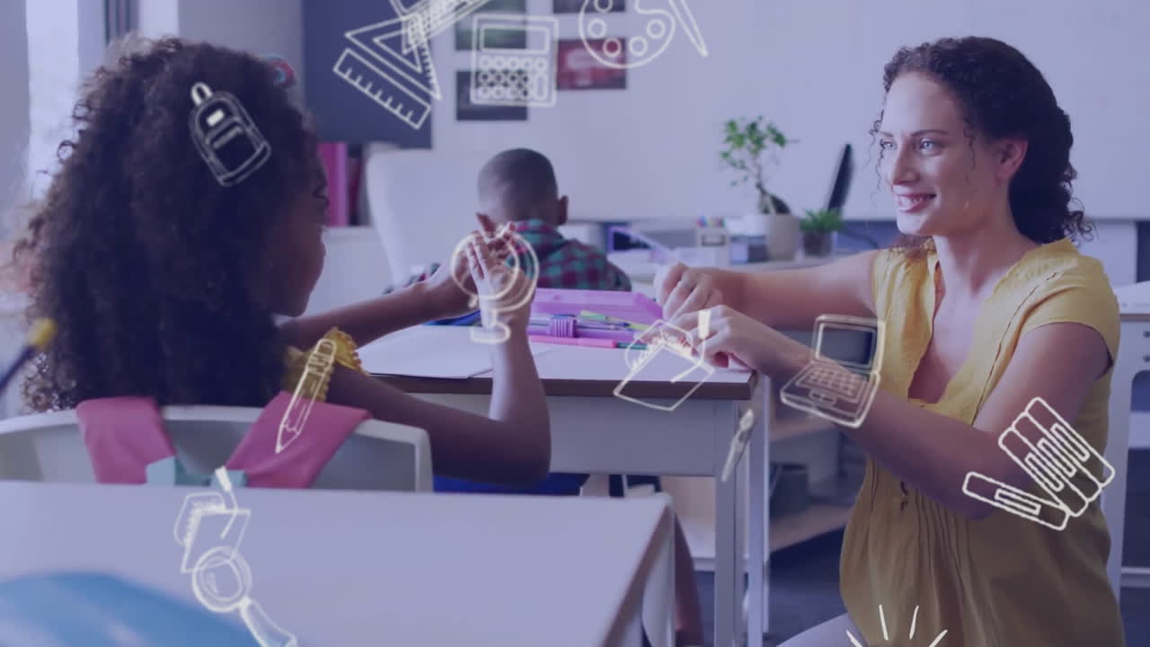 animación de iconos escolares sobre diversos escolares y maestras en el aula