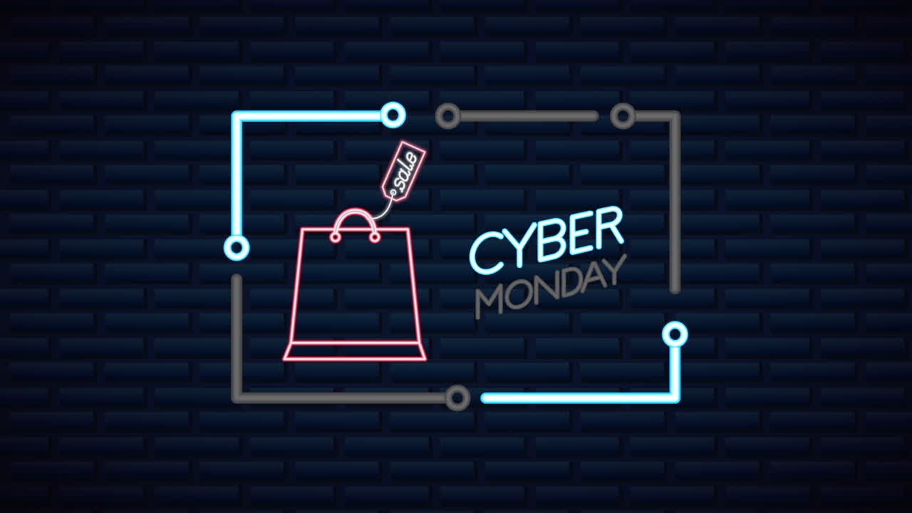 쇼핑 가방과 함께 사이버 월요일 네온 조명 애니메이션