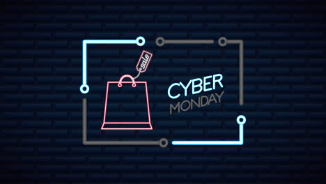 cyber monday neon lights animation with shopping bag