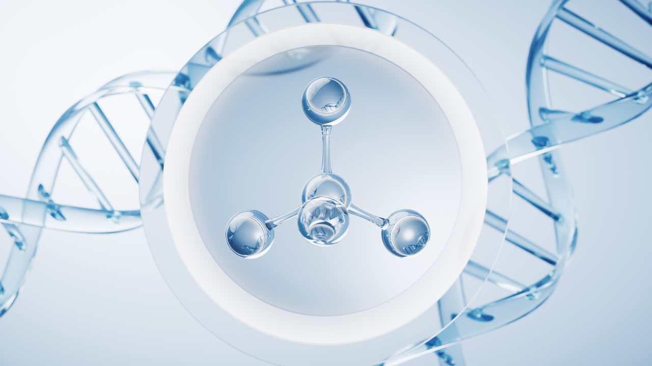 파란색 배경의 분자, 3d 렌더링