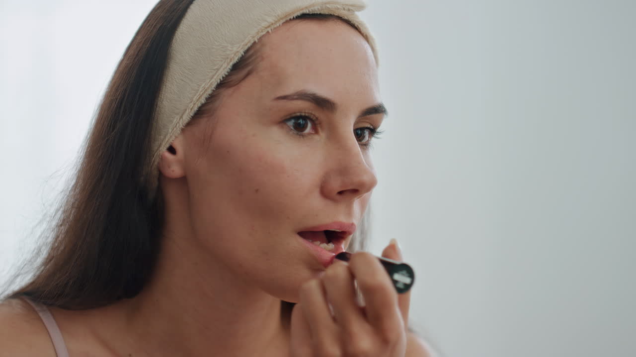 modelo enfocado aplicando lápiz labial en casa. mujer coloreando los labios disfrutando del maquillaje