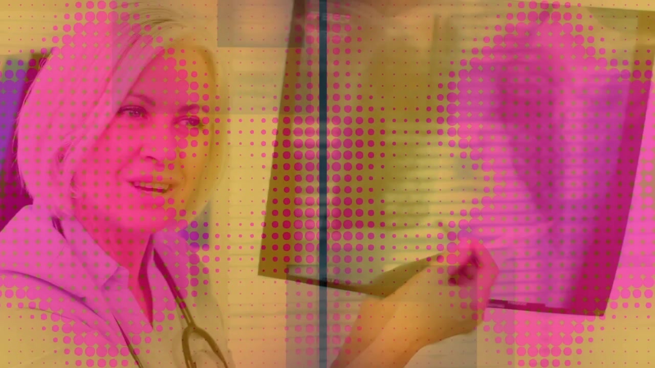 Animation of shapes over caucasian female doctor with xray