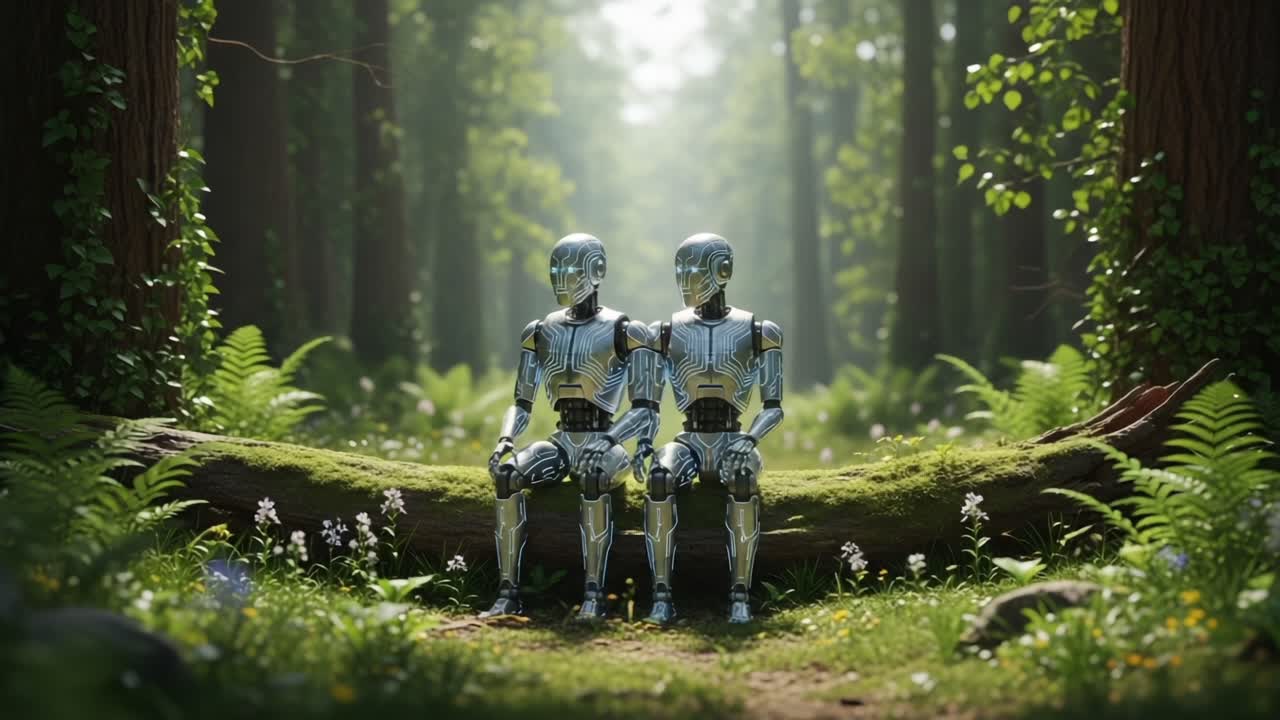 Companions in Nature: A Futuristic Encounter of Two Robots Seated Together in a Lush, Serene Forest Surrounded by Vibrant Flora and Soft Sunlight