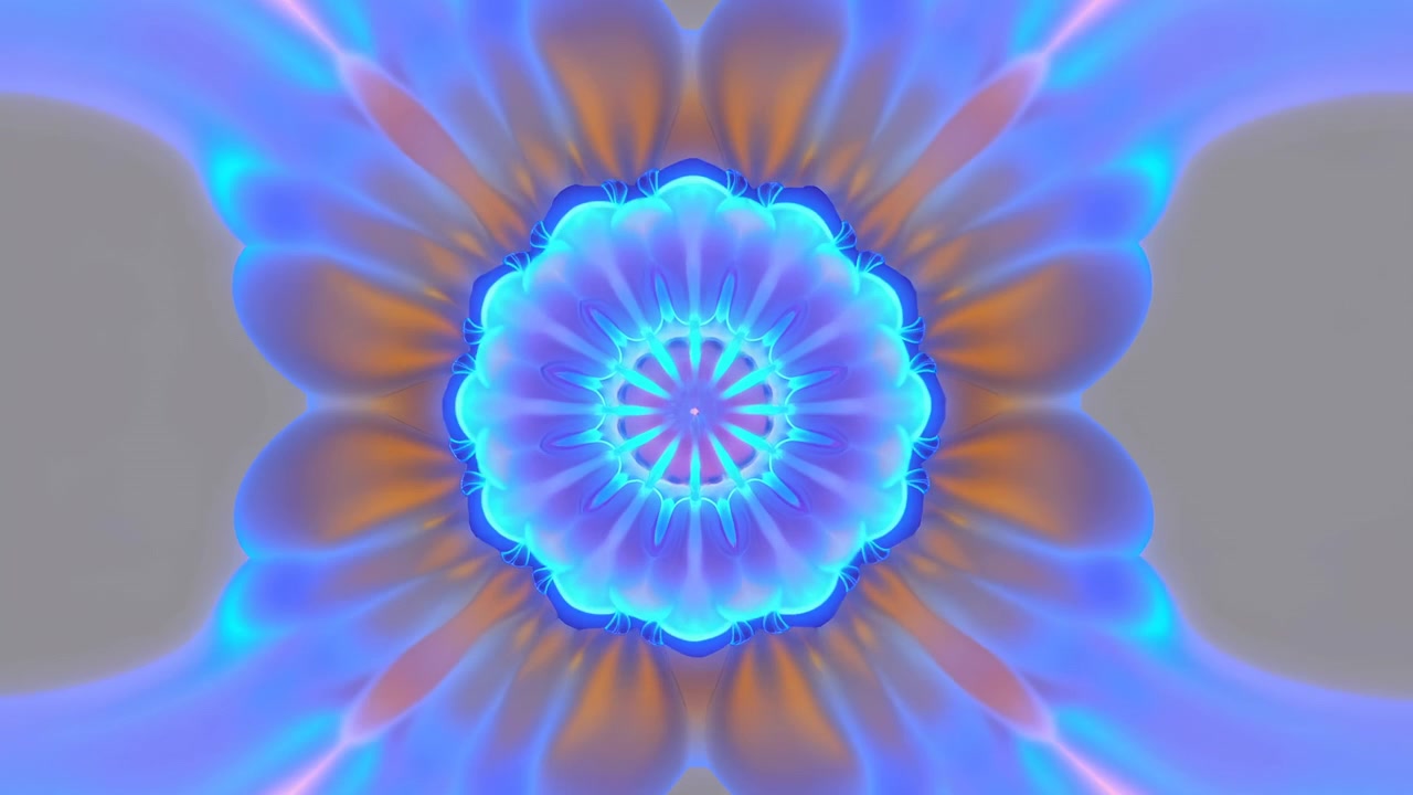 Scena di movimento frontale di una fioritura centrale simile a un mandala che pulsa, si espande, si contrae e si illumina visibilmente dal centro verso l'esterno, con simmetria radiale a strati, bagliore blu ciano e luce a gradiente uniforme.
