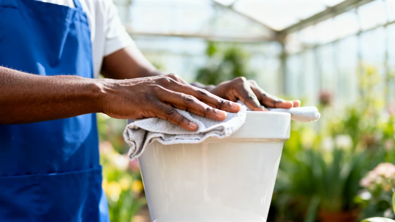 Un giardiniere con un grembiule blu raccoglie un panno piegato, pulendo il bordo di un vaso bianco in serra, mentre prepara il vaso.