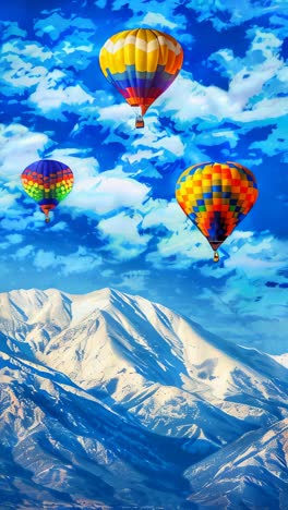 three hot air balloons are flying in the sky above a snowy mountain