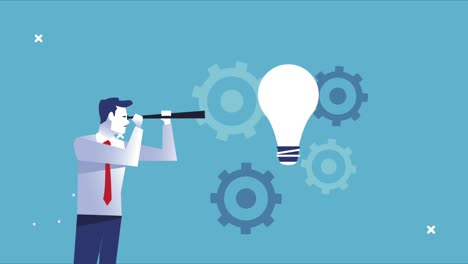 elegant businessman worker with telescope and bulb