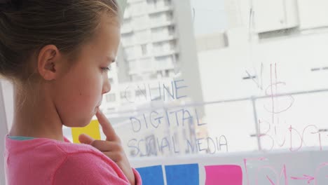 chica pensativa como ejecutiva leyendo el texto en la pared 4k 4k