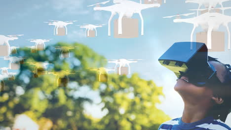 wearing vr headset, child experiencing animation of drones flying over outdoor scene