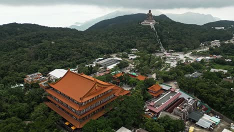 Aerial-around-the-Po-Lin-Monastery-on-Lantau-Island,-Hong-Kong,-China