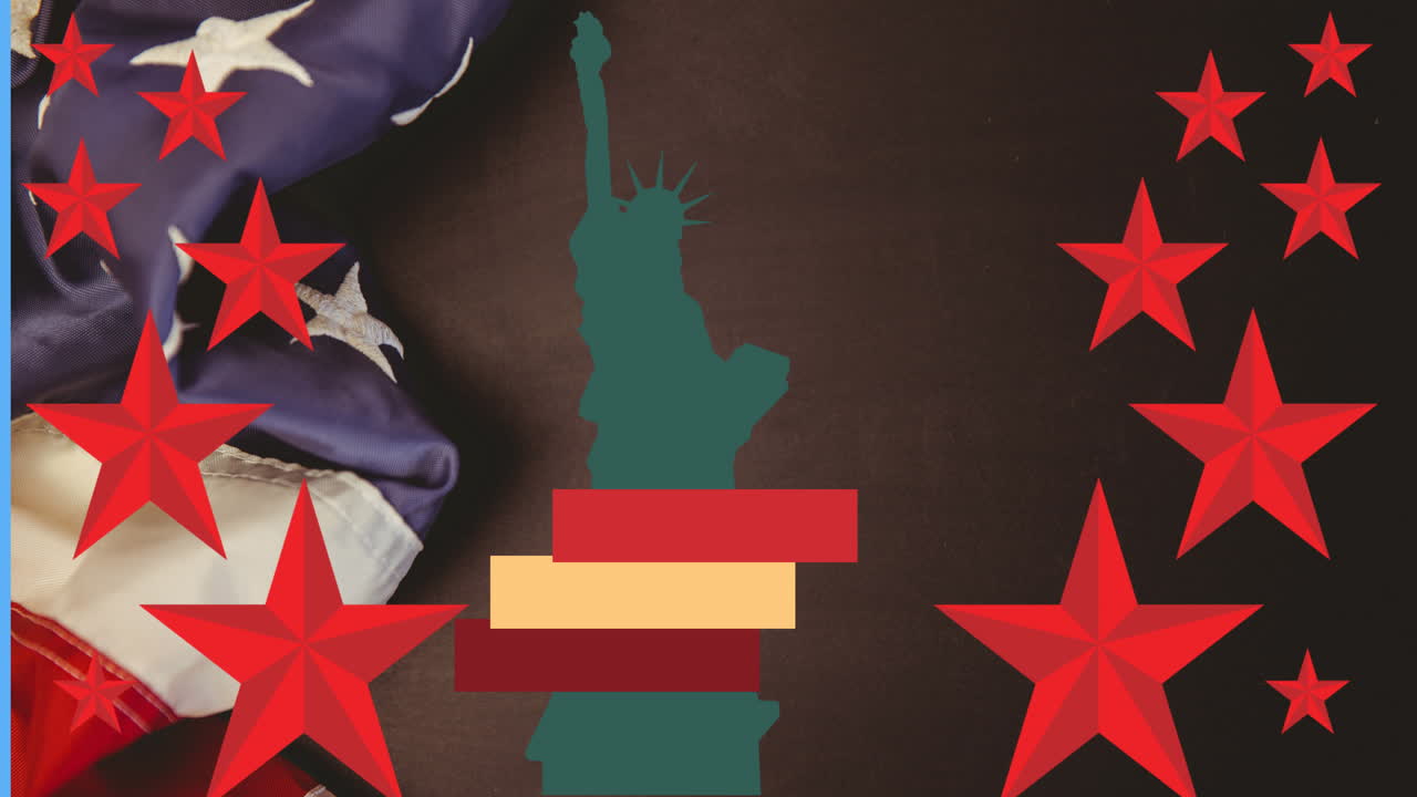 Animation of green statue of liberty with copy space over red stars and american flag