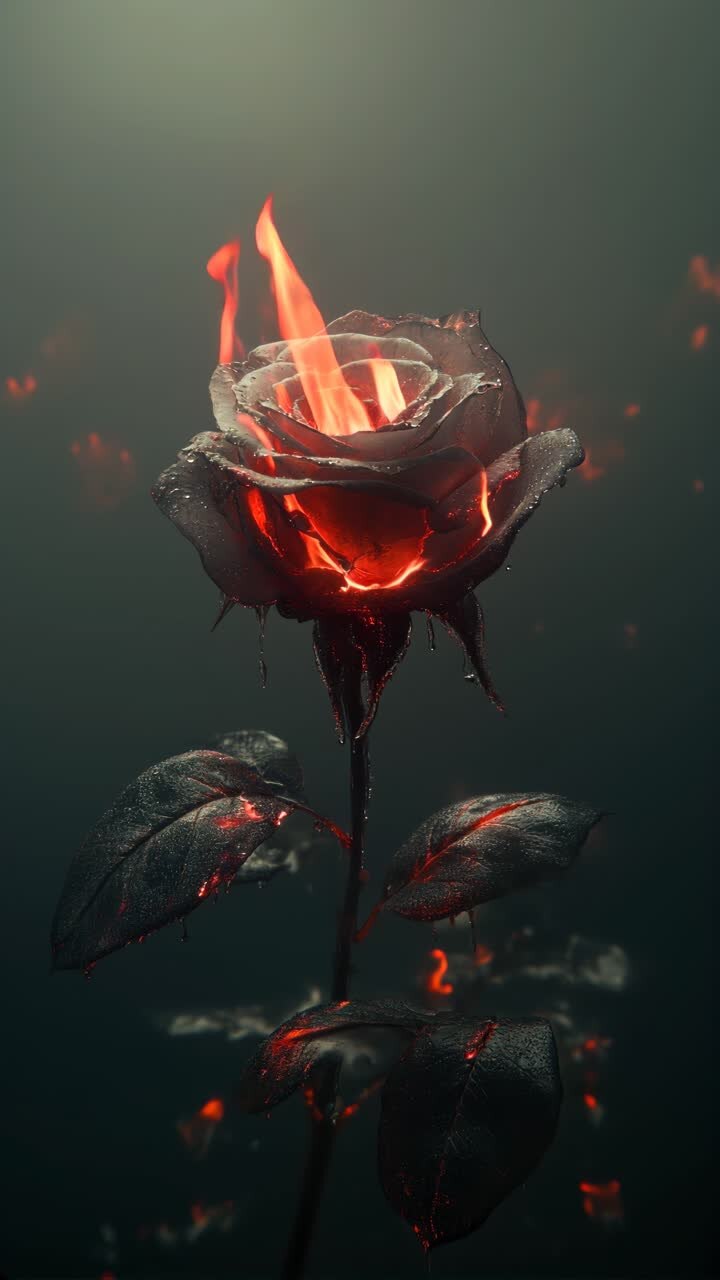A mystical, fiery rose with glowing embers and raindrops, captured in a dramatic close-up angle