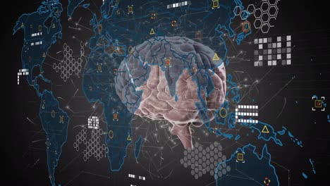 animación del mapa del mundo y los iconos sobre el cerebro giratorio sobre fondo negro